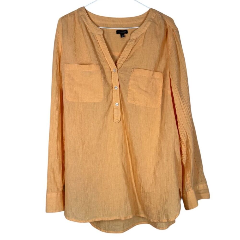 Talbots Womens Orange Popover Henley Shirt L Gauzy Lightweight Breathable Beachy
